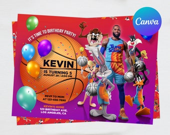 Peut inclure: Une invitation à une fête d'anniversaire avec Kevin, un ballon de basket et des personnages de Space Jam: Nouvelle ère. L'invitation est rouge, violette et orange avec le texte "IT'S TIME TO BIRTHDAY PARTY! KEVIN IS TURNING 5 AUGUST 26 | 2:00 PM RSVP TO MOM AT 123-456-7890 KEVIN'S HOME 123 BIRTHDAY AVE. LOS ANGELES, CA"