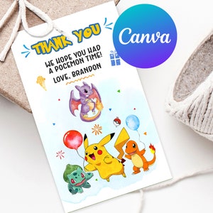 Puede incluir: Tarjeta de agradecimiento con un fondo acuarela azul, blanco y amarillo. La tarjeta presenta una imagen de dibujos animados de Pikachu, Charmander, Bulbasaur y un Charmeleon. El texto en la tarjeta dice "¡Gracias! Esperamos que hayas tenido un buen rato Pokémon! Con cariño, Brandon".