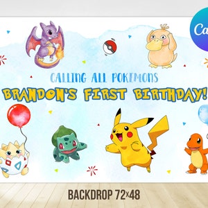 Puede incluir: Un colorido telón de fondo de cumpleaños con personajes de Pokémon, incluyendo Pikachu y Charmander, con el texto "Calling All Pokemons" y "Brandon's First Birthday!" El telón mide 183x122 cm.