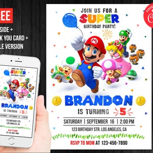 Super Mario Geburtstagseinladung Personalisierte Danke Karte Printable Sofortiger Download Einladen bearbeitbare Vorlage Evite Digital oder gedruckt