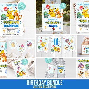 Puede incluir: Un paquete de fiesta de cumpleaños con temática de Pokémon con una variedad de artículos imprimibles, que incluyen invitaciones, tarjetas de agradecimiento, pancartas, adornos para cupcakes, etiquetas para botellas de agua y un letrero personalizado. El diseño presenta a Pikachu, Bulbasaur, Charmander y Squirtle.