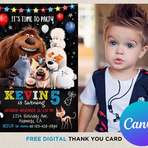 Invitación del cumpleañero de la vida secreta de las mascotas con imagen fotográfica Tarjeta de agradecimiento personalizada Plantilla editable digital Descarga instantánea digital