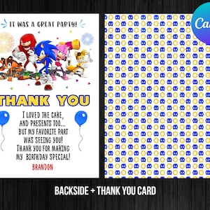 Sonic the Hedgehog Danke Karte Geburtstag Junge bearbeitbare Vorlage Corjl Printable Sofortiger Download Digital oder gedruckt