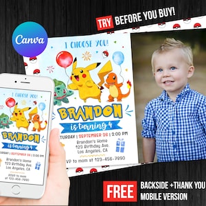 Pikachu Birthday Invitation with Photo Picture Printable Thank You Card Editable Template Mobile Phone Evite Digital Download or Printed