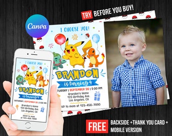 Faire-part d'anniversaire Pikachu avec photo carte de remerciement imprimable modèle modifiable téléphone portable Evite téléchargement numérique ou impression