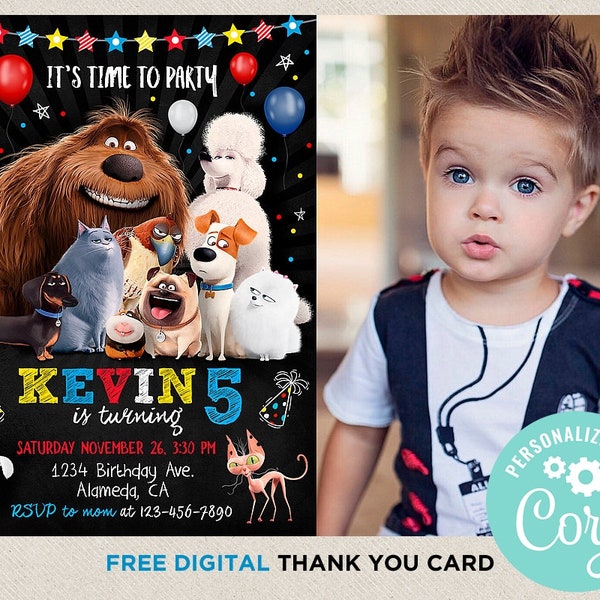 Secret Life of Pets Birthday Boy Invitation with Photo Picture Custom Thank You Card Digital Editable Template Instant Download Digital