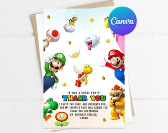 Thank You Card Super Mario Birthday Party Decoration Boy Mario Bros Birthday Super Brothers Digital Printable Editable Template