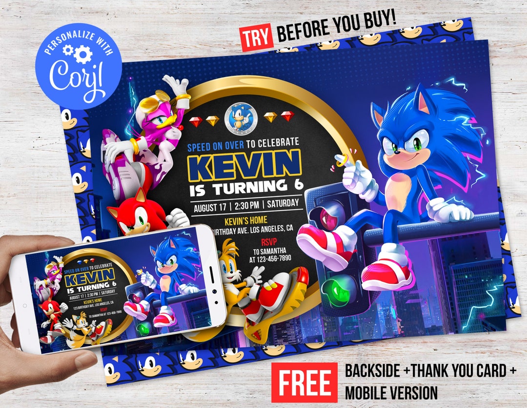 Sonic the Hedgehog Birthday Invitation Boy Super Sonic Party Invite ...