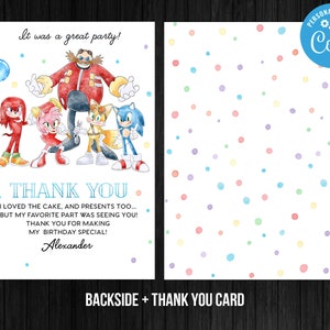 Tarjeta de agradecimiento de Sonic the Hedgehog para cumpleaños de niño, plantilla editable, Canva, descarga instantánea, digital o impresa