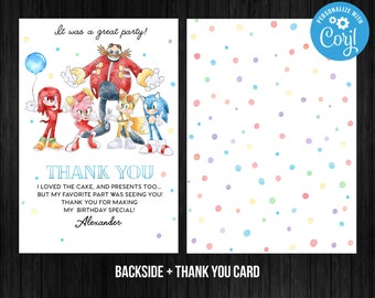 Sonic the Hedgehog Danke Karte Geburtstag Junge bearbeitbare Vorlage Canva Printable Sofortiger Download Digital oder gedruckt