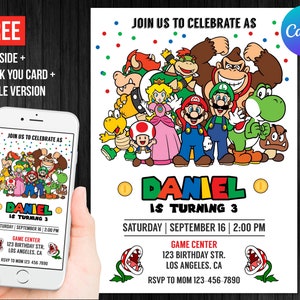 Super Mario Geburtstagseinladung Personalisierte Danke Karte Printable Sofortiger Download Einladen bearbeitbare Vorlage Evite Digital oder gedruckt