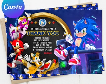 Thank You Card Sonic the Hedgehog Birthday Decoration Boy Super Sonic Party Decor Digital Printable Editable Template