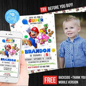 Super Mario Birthday Invitation with Photo Picture Printable Thank You Card Custom Mobile Evite Editable Template Instant Download Digital