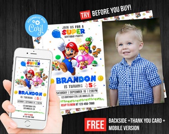 Super Mario Birthday Invitation with Photo Picture Printable Thank You Card Custom Mobile Evite Editable Template Instant Download Digital
