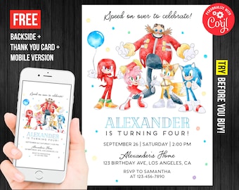 Sonic the Hedgehog Birthday invitation Boy Electronic or Printed Thank You Card Instant Download Mobile Phone Evite Editable Template Corjl