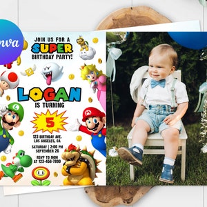 Cartão de convite de aniversário do Super Mario, foto, menino, Mario Bros, festa de aniversário, Super Brothers, convite, modelo editável, digital para impressão
