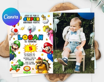 Super Mario Birthday Invitation Card Photo Picture Boy Mario Bros Birthday Party Super Brothers Invite Editable Template Digital Printable