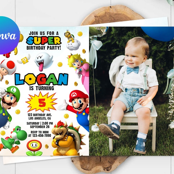 Super Mario Birthday Invitation Card Photo Picture Boy Mario Bros Birthday Party Super Brothers Invite Editable Template Digital Printable