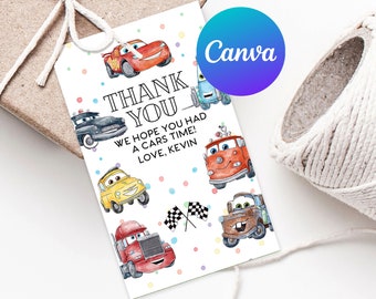 Autos Geburtstag Danke Tags Junge Beleuchtung McQueen Rennauto Party Dekoration Druckbare Favor Tag Party Decor Bearbeitbare Vorlage