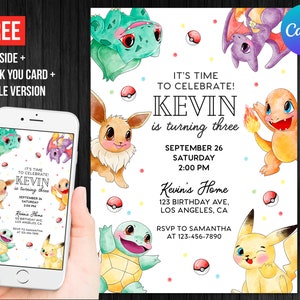 Tarjeta Pikachu Cumpleaños Niño Invitación Imprimible Tarjeta de Agradecimiento Plantilla Editable Teléfono Móvil Evite Invitación Electrónica Digital o Impresa