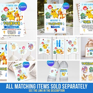 May include: A set of printable party decorations featuring Pokemon characters, including Pikachu, Bulbasaur, Charmander, and Squirtle. The decorations include invitations, thank you cards, cupcake toppers, water bottle labels, and a custom sign. The decorations are designed in a watercolor style with a blue and yellow color scheme.