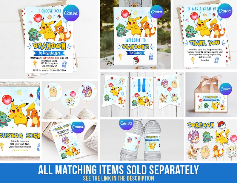 May include: A set of printable party decorations featuring Pokemon characters, including Pikachu, Bulbasaur, Charmander, and Squirtle. The decorations include invitations, thank you cards, cupcake toppers, water bottle labels, and a custom sign. The decorations are designed in a watercolor style with a blue and yellow color scheme.
