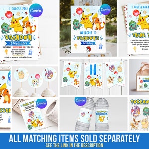 Może przedstawiać: Zestaw drukowanych dekoracji na przyjęcie z postaciami z Pokemon&oacute;w, w tym Pikachu, Bulbasaur, Charmander i Squirtle. Dekoracje obejmują zaproszenia, kartki z podziękowaniami, ozdoby na babeczki, etykiety na butelki z wodą i spersonalizowany napis. Dekoracje są zaprojektowane w stylu akwarelowym w połączeniu kolor&oacute;w niebieskiego i ż&oacute;łtego.
