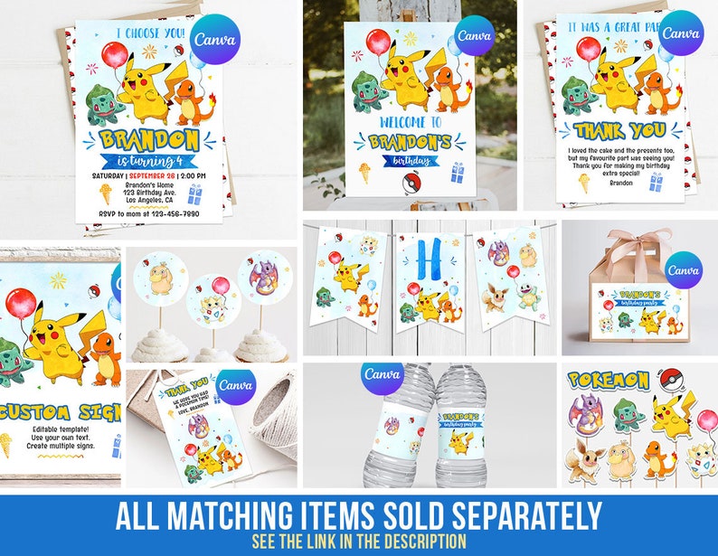 Może przedstawiać: Zestaw drukowanych dekoracji na przyjęcie z postaciami z Pokemon&oacute;w, w tym Pikachu, Bulbasaur, Charmander i Squirtle. Dekoracje obejmują zaproszenia, kartki z podziękowaniami, ozdoby na babeczki, etykiety na butelki z wodą i spersonalizowany napis. Dekoracje są zaprojektowane w stylu akwarelowym w połączeniu kolor&oacute;w niebieskiego i ż&oacute;łtego.