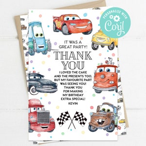 Thank You Card Cars Birthday Party Decoration Boy Lighting Mcqueen Race ...