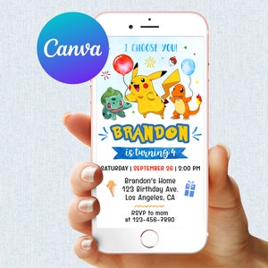 Puede incluir: Un teléfono inteligente muestra una colorida invitación de cumpleaños con personajes de dibujos animados. La invitación incluye el texto "I CHOOSE YOU!" y "BRANDON cumple 4 años." También se ven globos y detalles de la fiesta.
