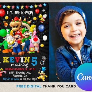 Convite de aniversário do Super Mario, foto de menino para impressão, cartão de agradecimento, modelo editável personalizado, download instantâneo digital ou impresso