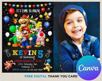 Super Mario Birthday Invitation Boy Photo Picture Printable Thank You Card Custom Editable Template Instant Download Digital or Printed
