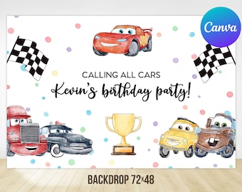 Bilar födelsedagsbakgrund pojkebelysning McQueen racerbilsfestdekoration utskrivbar redigerbar mall digital utskrivbar