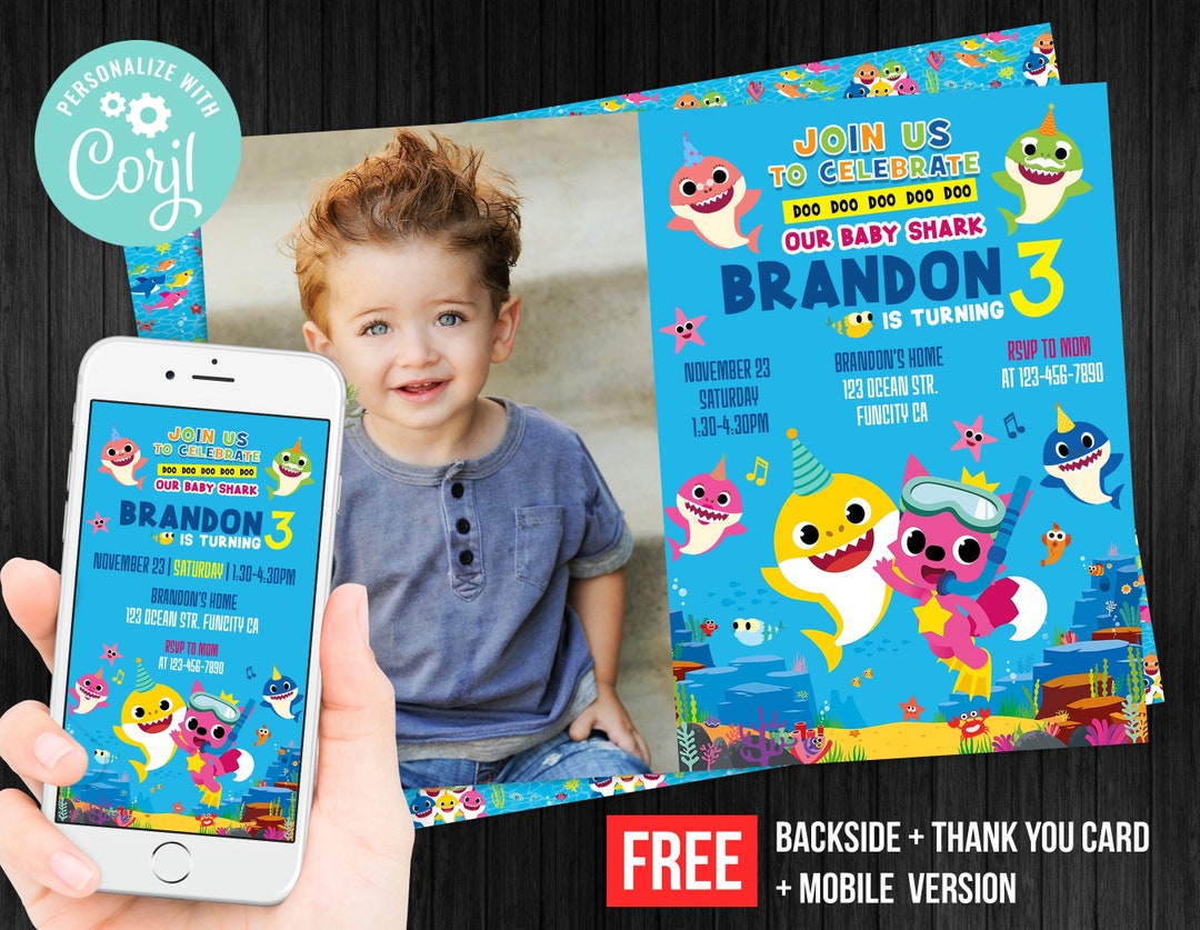 Kids Shark Birthday Invitation Girl With Picture Photo Printable Thank ...