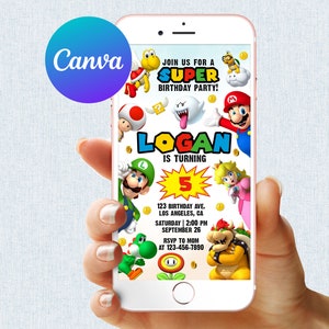 May include: A smartphone displays a colorful birthday party invitation featuring characters from a popular video game. The invitation includes the text "JOIN US FOR A SUPER BIRTHDAY PARTY!" and details for the event.