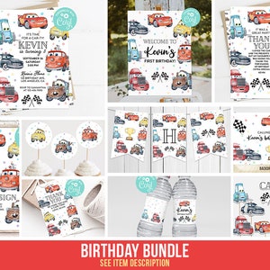 May include: A Cars-themed birthday party bundle with printable items including invitations, thank you cards, cupcake toppers, a banner, a custom sign, water bottle labels, and a backdrop. The bundle features a red race car with a number 1 on it and the name Kevin.