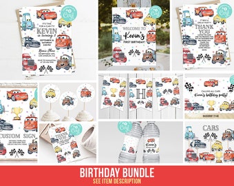 Cars Birthday Party Decorations Bundle Boy Lighting McQueen Race Car Party Invitation Digital Editable Banners Template Printable Thank You