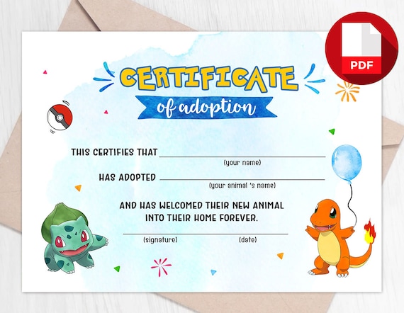Adopt an Animal Adoption Certificate Pikachu Birthday Boy Pokemon Game Party Digital Printable Template
