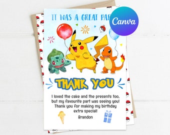 Thank You Card Pikachu Birthday Party Decoration Boy Pokemon Game Party Decor Digital Printable Editable Template