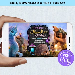 May include: A digital invitation for a birthday party featuring characters from the animated movie "The Mitchells vs. the Machines". The invitation is decorated with a purple and pink border and a black chalkboard background. The text on the invitation reads "Let's Roll! Alexandra is turning 6. Saturday | October 17 | 2:00 PM. 1234 Birthday Ave. Los Angeles, CA 98765. RSVP to Heather 123-456-7890."