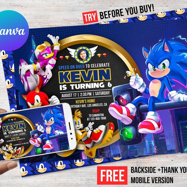 Sonic the Hedgehog Birthday Boy Super Sonic Invitation Photo Picture Electronic Thank You Card Mobile Phone Evite Editable Template