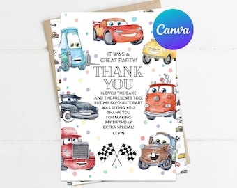 Tarjeta de agradecimiento Coches Cumpleaños Fiesta Decoración Niño Iluminación McQueen Carrera Coche Fiesta Decoración Digital Imprimible Editable Plantilla