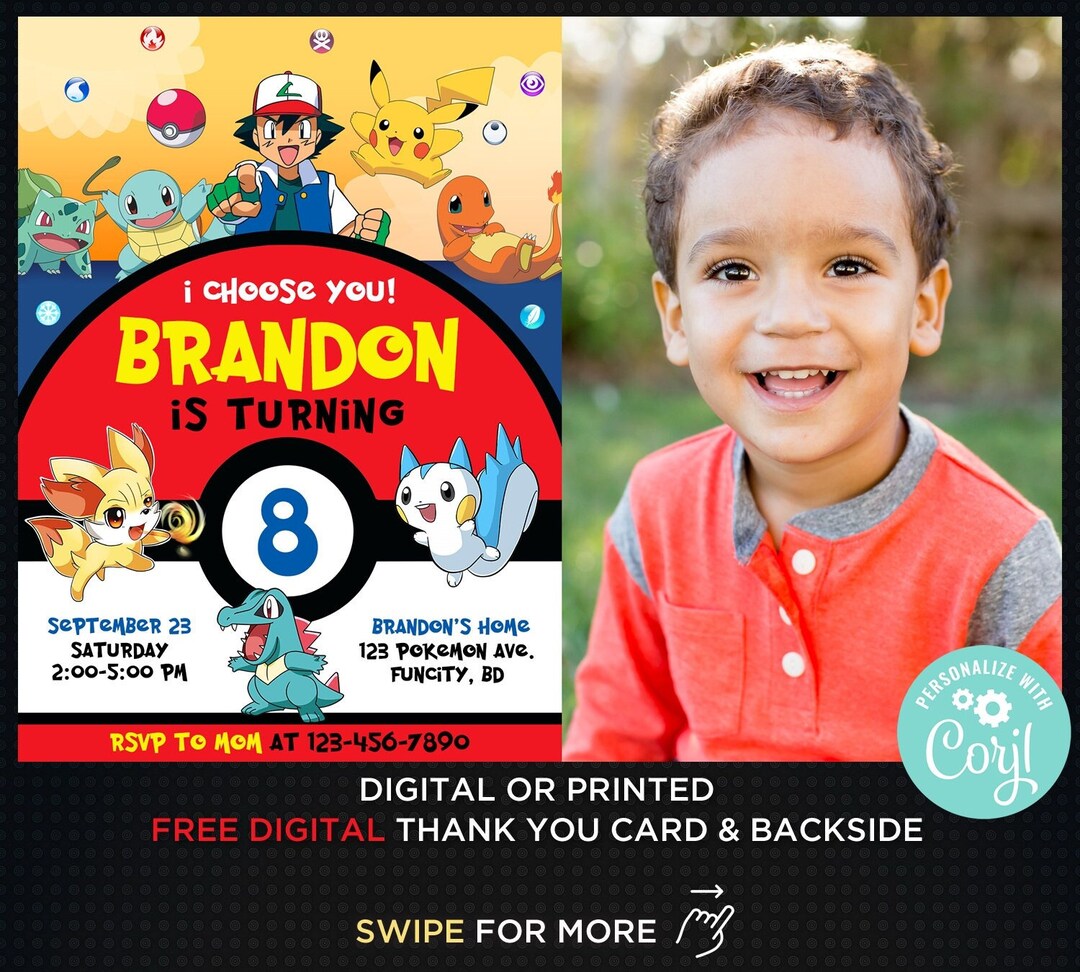 Pikachu Card Birthday Invitation With Picture Photo Printable Editable