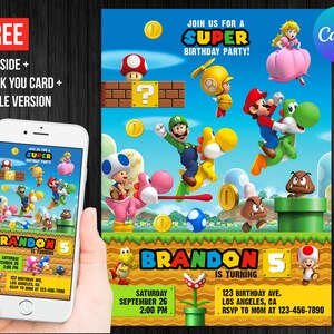 Super Mario Birthday Boy Einladung Personalisierte Danke Karte Printable Sofortiger Download Digital Bearbeitbare Vorlage Canva Digital gedruckt