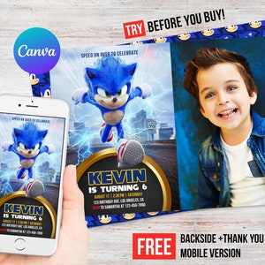 Sonic the Hedgehog Aniversário Menino Convite Foto Foto Eletrônico Cartão de Agradecimento Download Instantâneo Telefone Celular Evite Modelo Editável