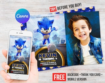 Sonic the Hedgehog Birthday Boy Invitation Photo Picture Electronic Thank You Card Instant Download Mobile Phone Evite Editable Template