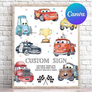 Coches cumpleaños signo personalizado niño iluminación McQueen carrera coche fiesta decoración al aire libre patio signo digital editable plantilla imprimible