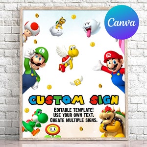 Cartello personalizzato per compleanno di Super Mario Ragazzo Mario Bros Decorazione per feste Super Brothers Cartello per cortile all'aperto Modello modificabile digitale stampabile