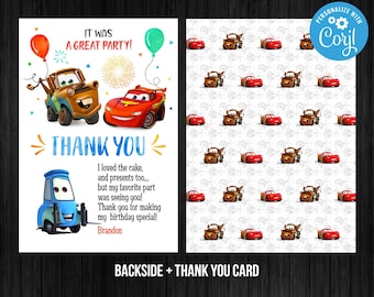 Op de afbeelding: Een dubbelzijdige verjaardagsbedankkaart met cartoonauto's. De voorkant heeft de tekst "IT WAS A GREAT PARTY!" en "THANK YOU" met afbeeldingen van Mater en Lightning McQueen. De achterkant heeft een patroon van dezelfde auto's.