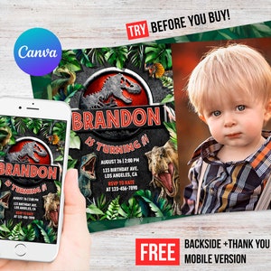 Convite de aniversário do World Dinosaur Park Foto Foto Menino Modelo editável Cartão de agradecimento para impressão Download instantâneo digital ou impresso